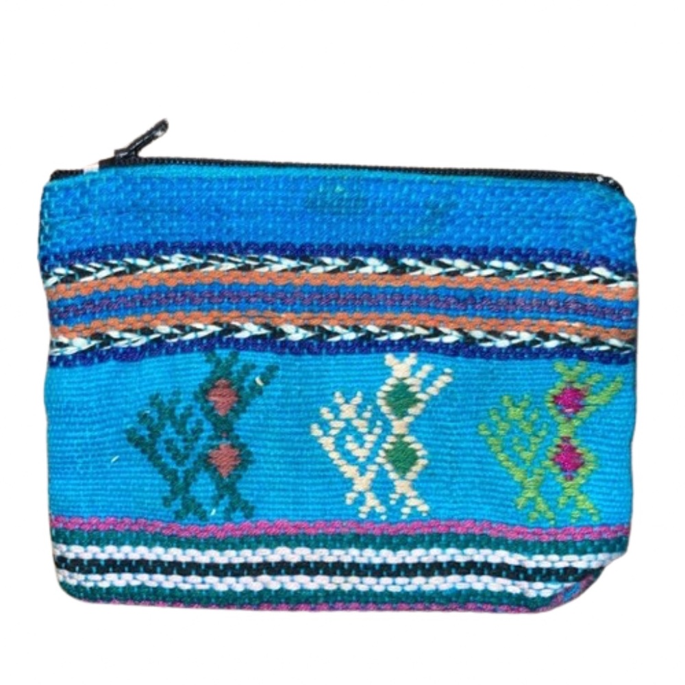 Flat blue card pouch Aztec pattern zipper closure